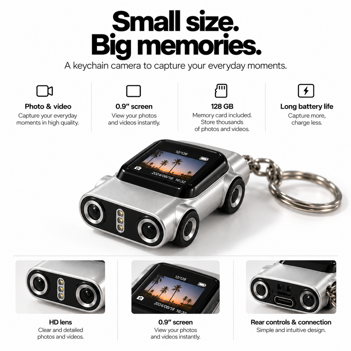 Compact Wearable Keychain Camera 128GB