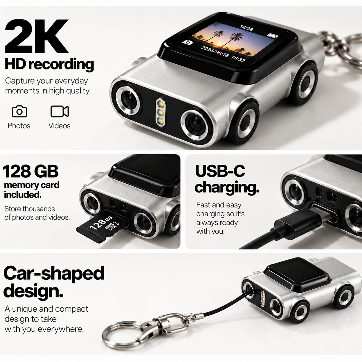 Compact Wearable Keychain Camera 128GB